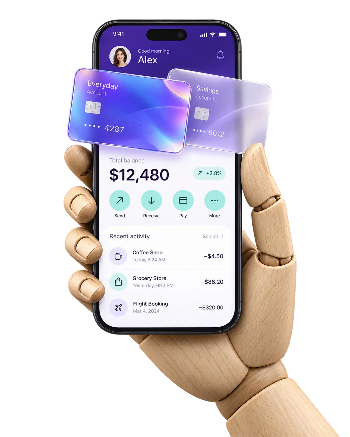 Wooden mannequin hand holding a phone with floating glass banking cards